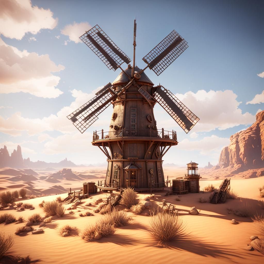 Steampunk Desert Windmill Homestead in 3D Rendering