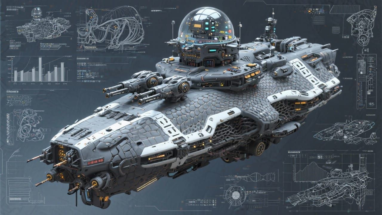 3D Biomechanical Alien Warship Technical Diagram