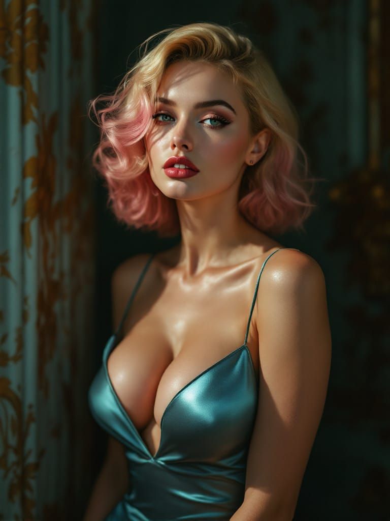 Glamorous Pin-Up Woman in Metallic Cyan Dress