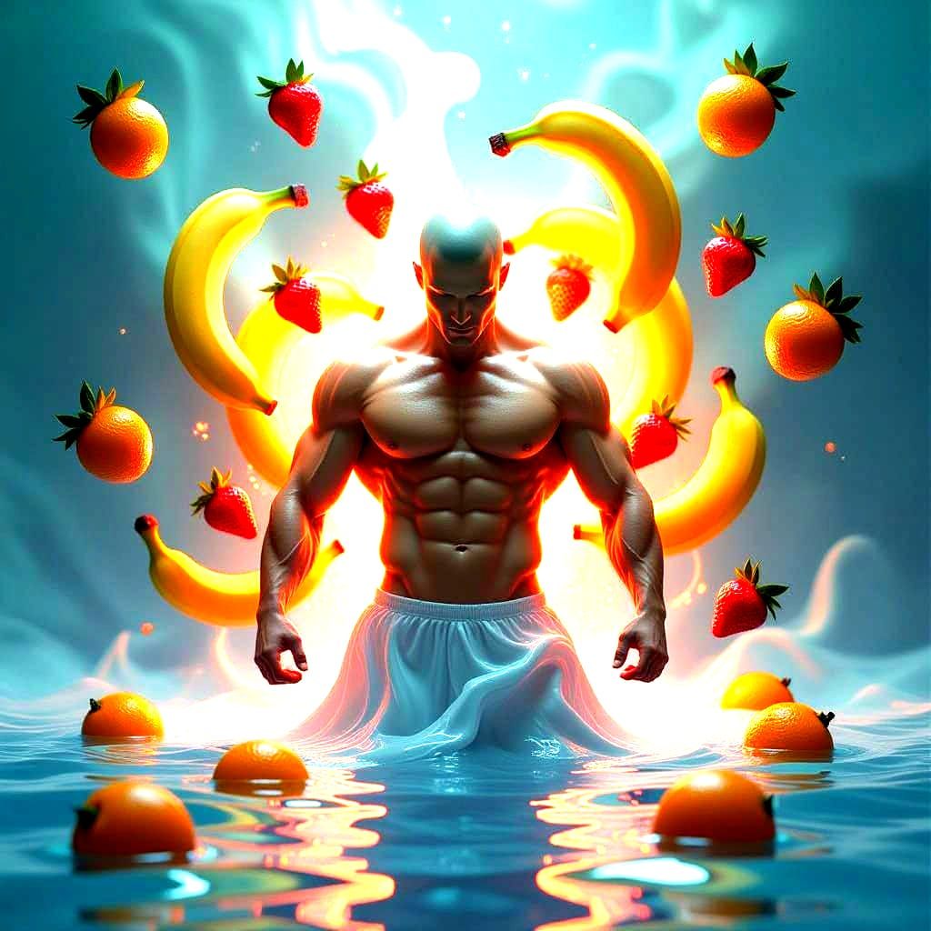 Surreal Muscular Figure Adorned with Cosmic Fruit Geometry