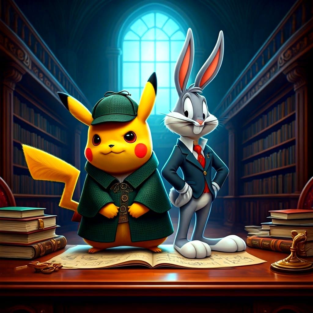 Pikachu and Bugs Bunny as Sherlock Holmes: 3D Art