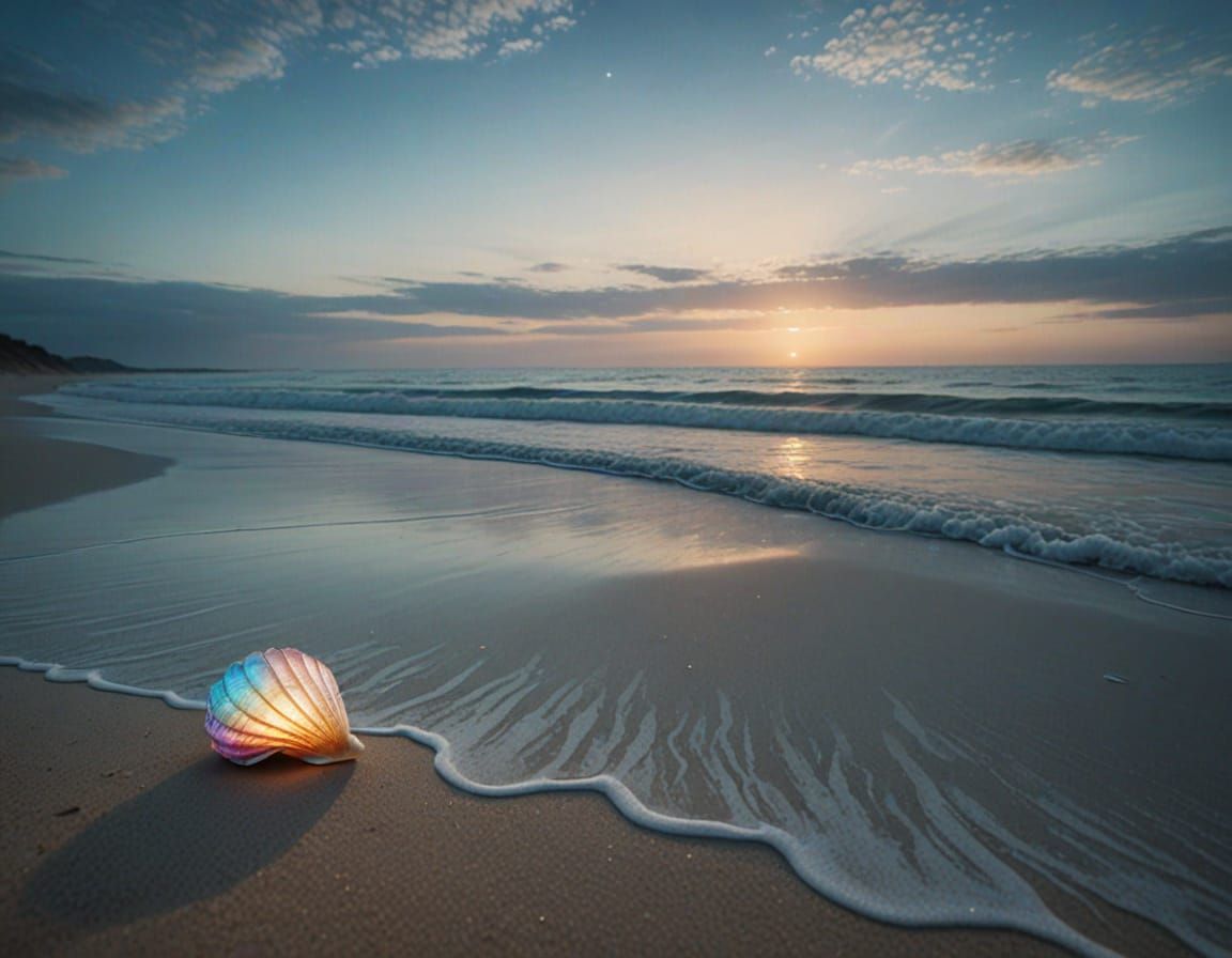 Surreal Iridescent Shell in Ethereal Beach Scene