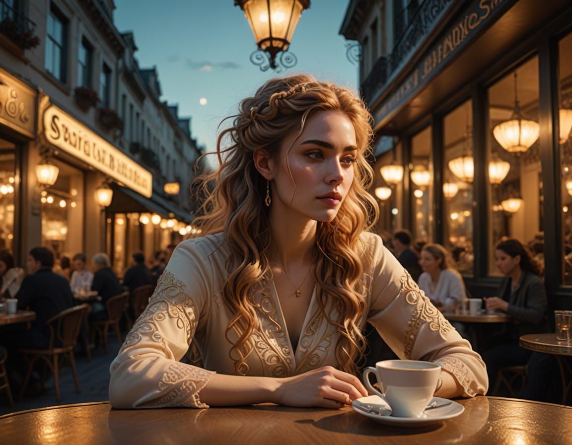 Surreal Woman at Dusk Cafe in Art Nouveau Fantasy Style
