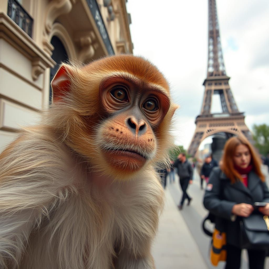 Hyperrealistic Silly Monkey Selfie in Paris