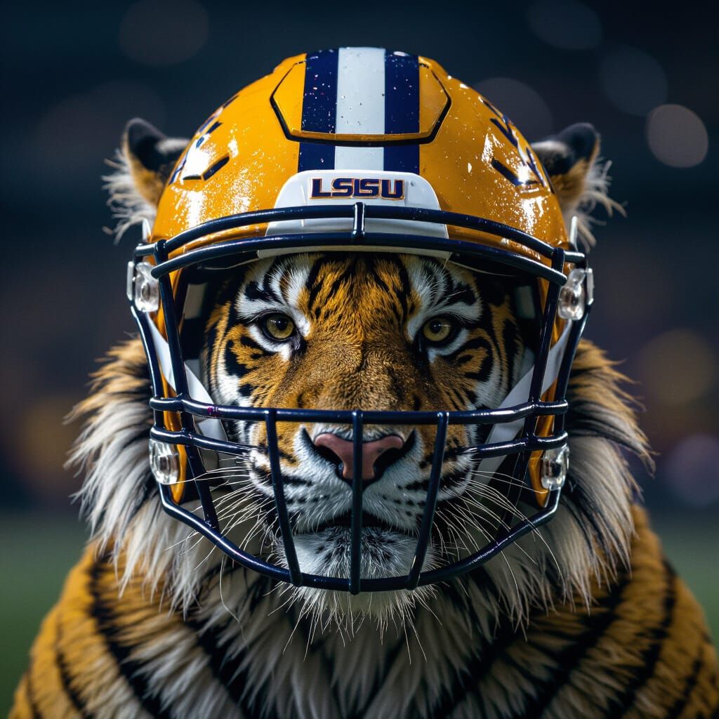 LSU Tiger in Football Helmet Cinematic Film Still