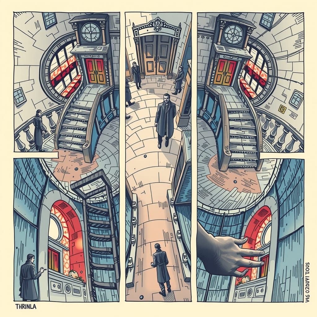 Tense Circular Room in Comic Art Style