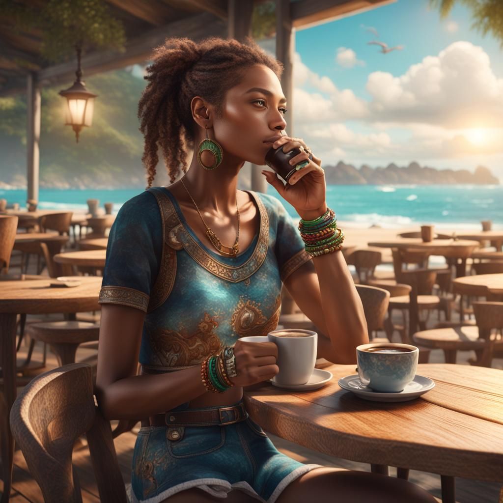 Beachside Cafe: Woman Enjoying Coffee in Detailed Fantasy Ar...