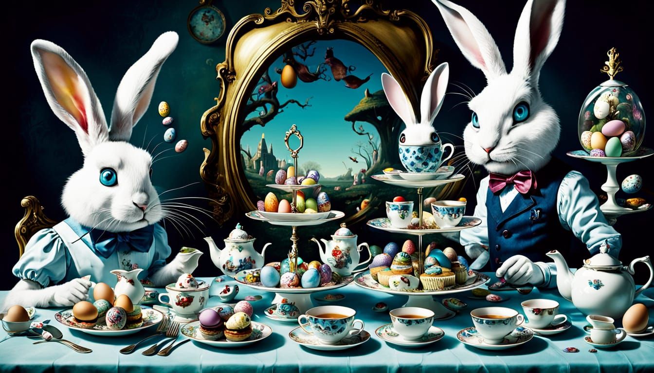 Whimsical Easter Scene with Alice and the White Rabbit