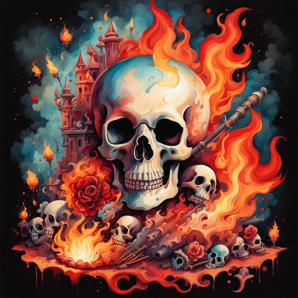 Whimsical Flaming Skull Explosion in Rococo Gothic Style