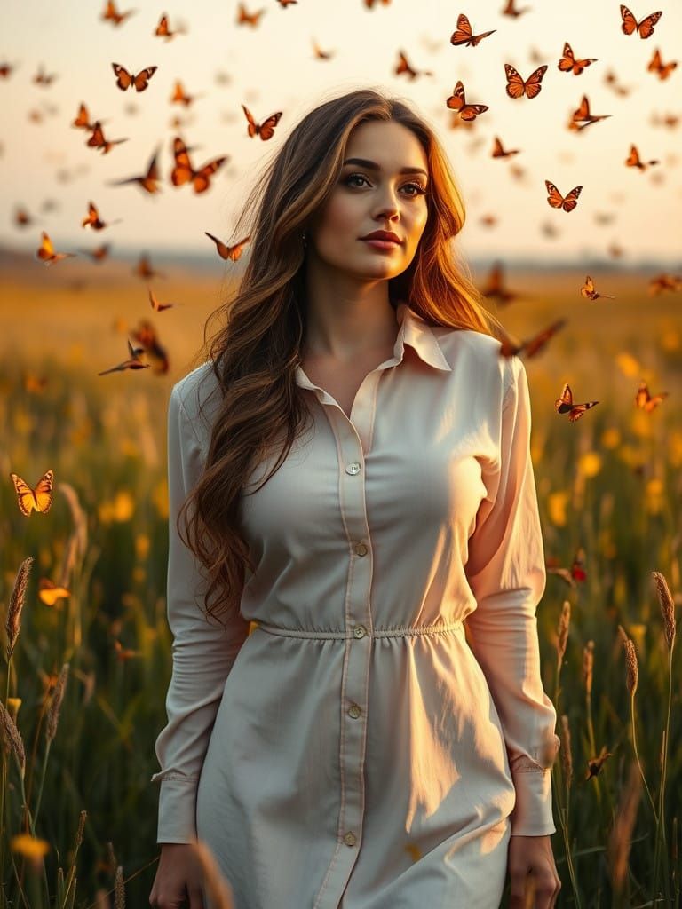 Curvaceous Woman in a Field of Butterflies