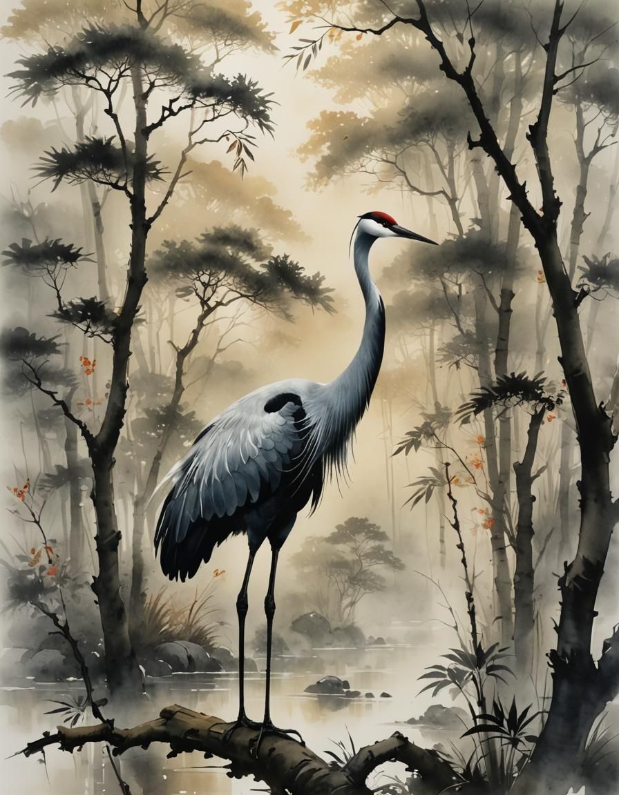 Crane in Misty Forest: Chinese Ink Painting