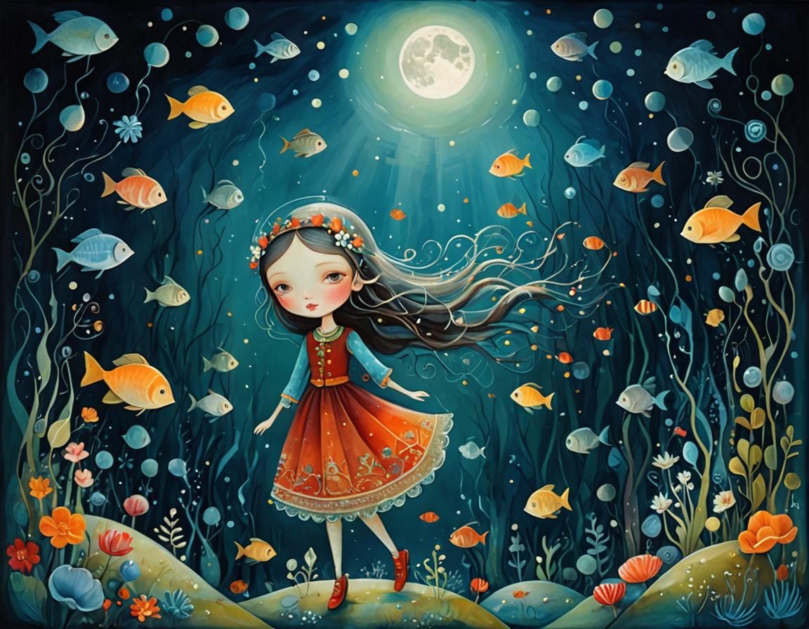Moonlit Underwater Whimsical Scene in Silivonchik Style