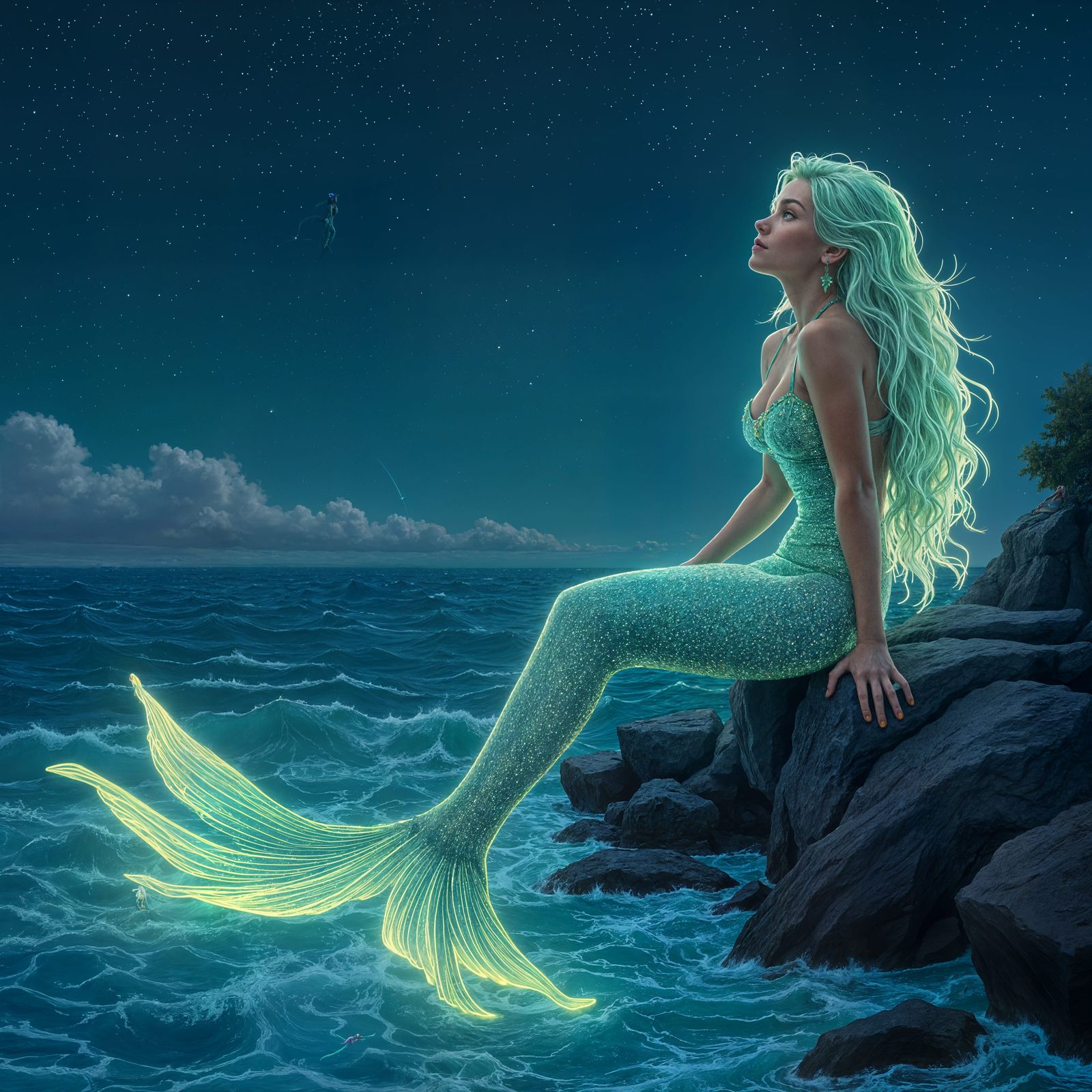 Neon Mermaid Watching Flying Stars in Cyberpunk Style