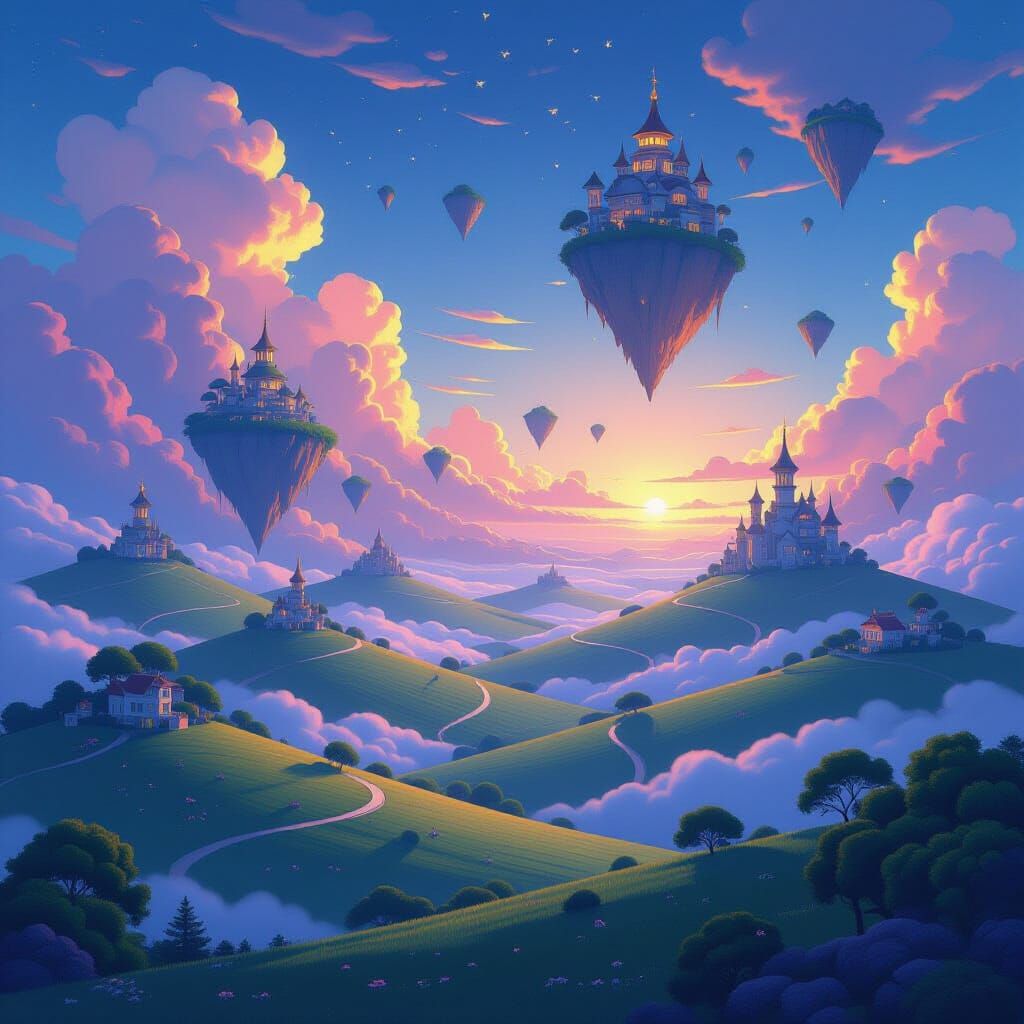 Whimsical Fantasy Landscape with Floating Islands