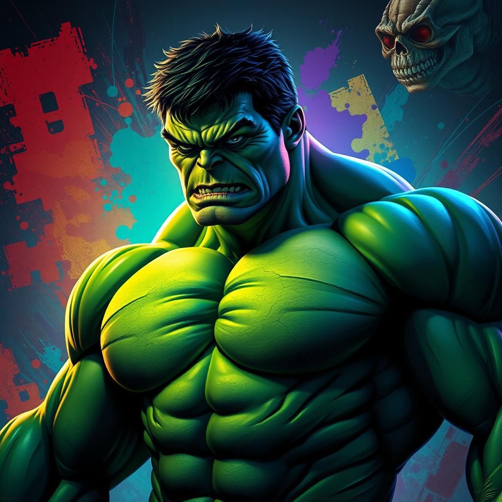 Hyperrealistic Hulk with Comic Book Art Background