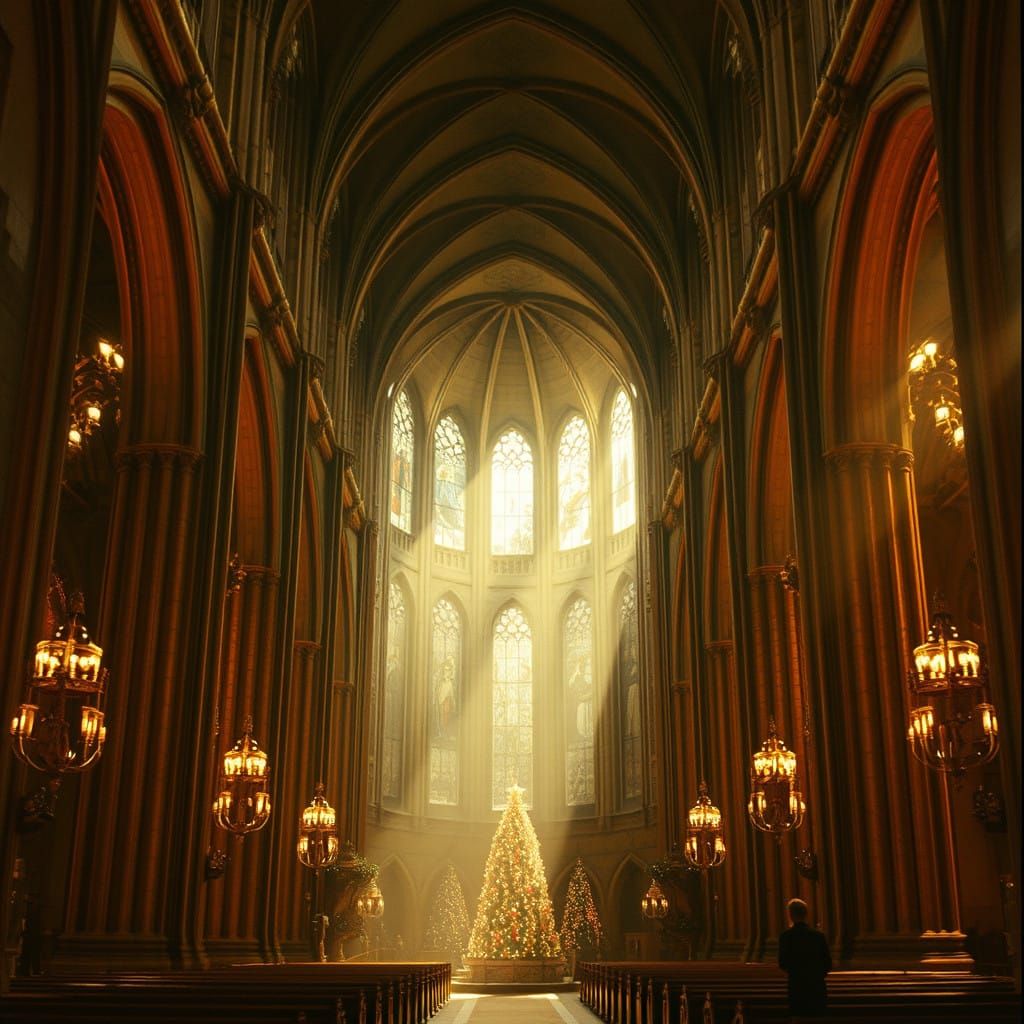 Ethereal Cathedral Christmas Scene in Cinematic Style