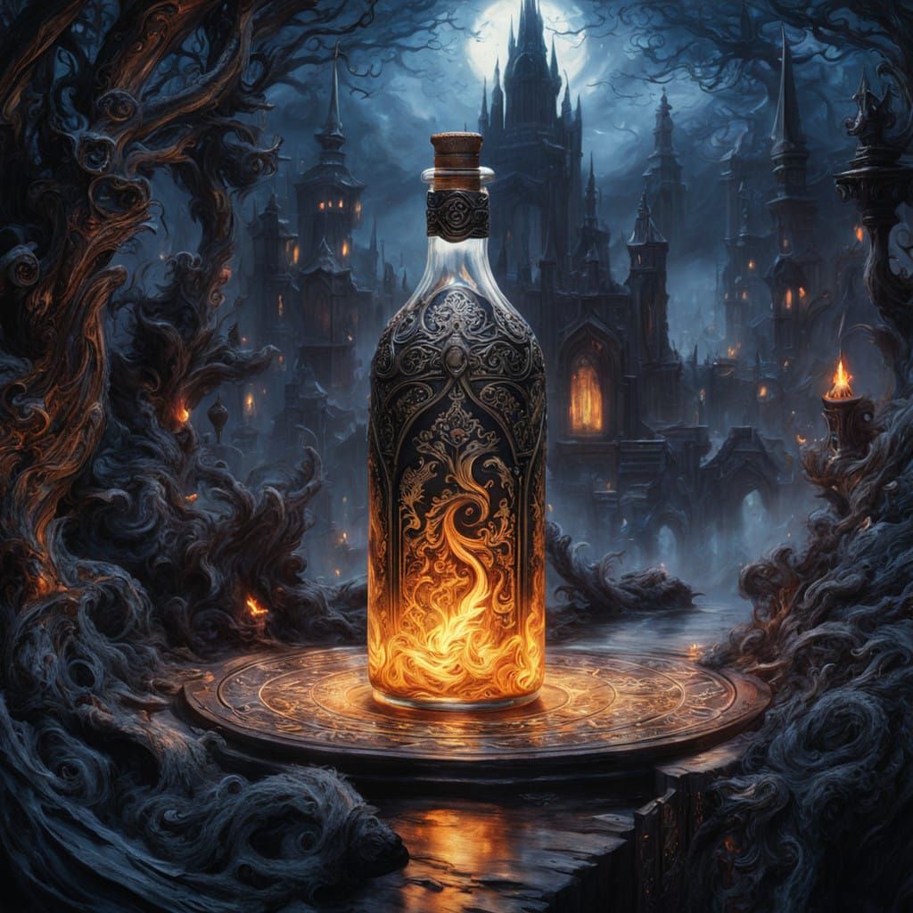 Magical Fire Bottle in Dark Fantasy Scene