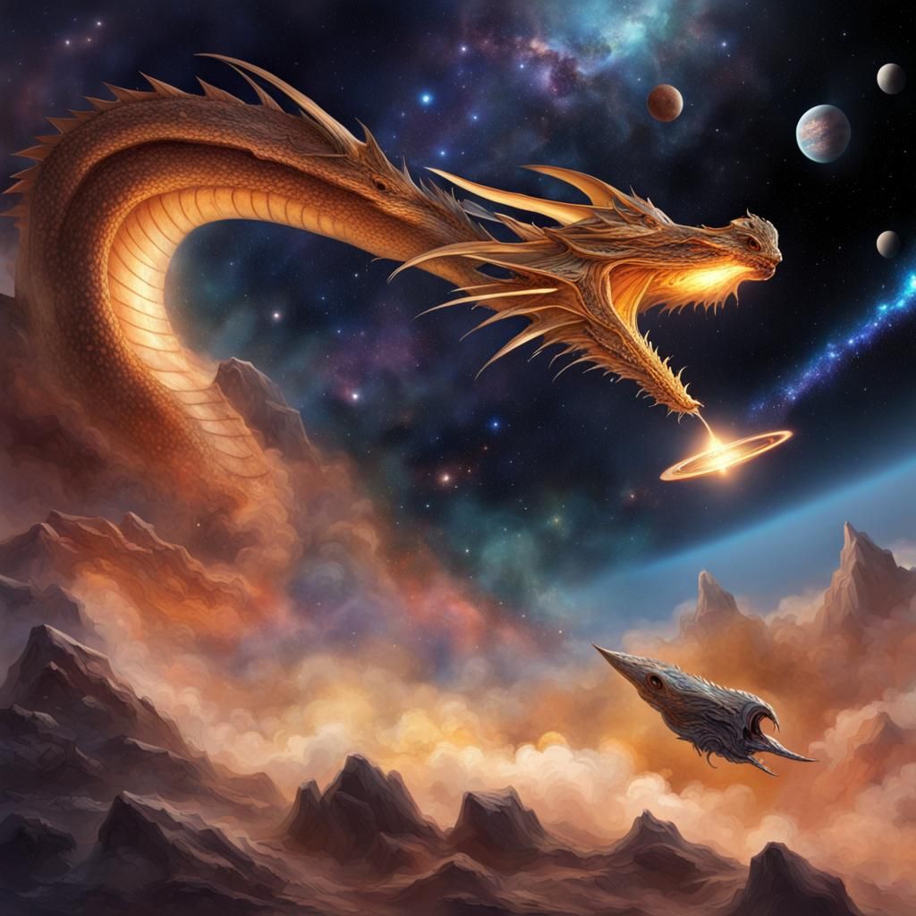 Spaceship and Cosmic Dragon Encounter