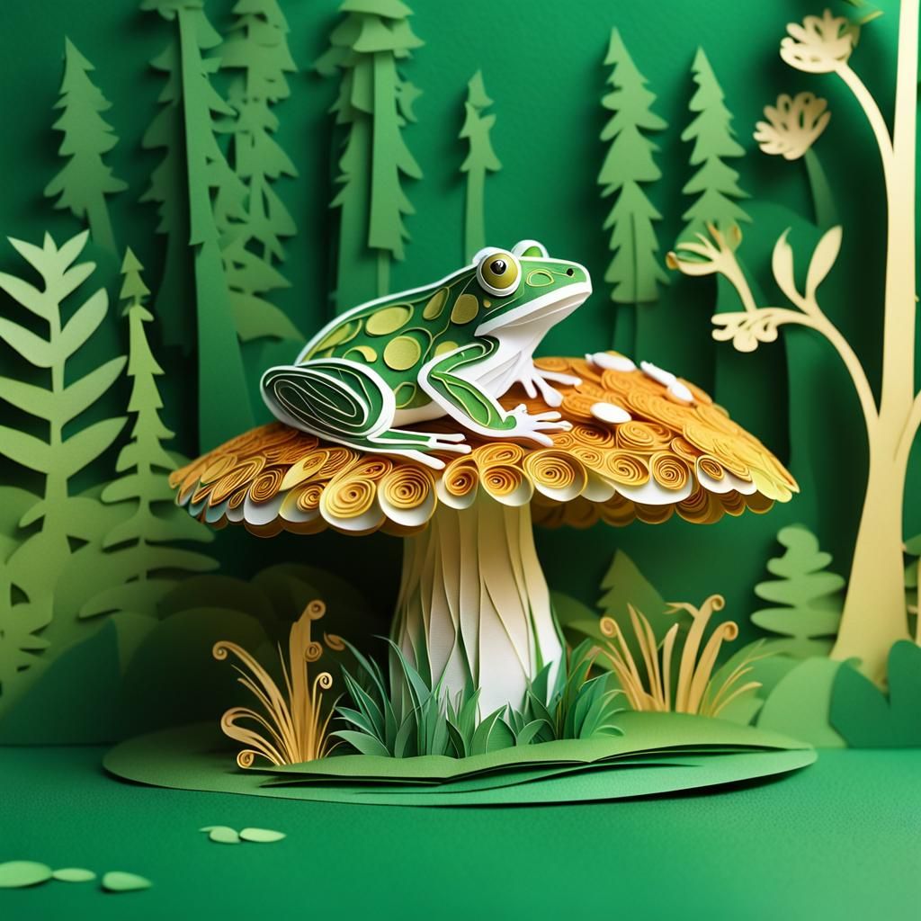 Intricate Paper Art Frog in Forest
