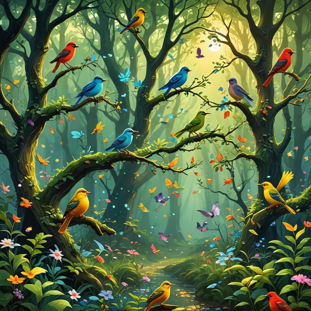 Enchanted Birds in a Mystical Forest