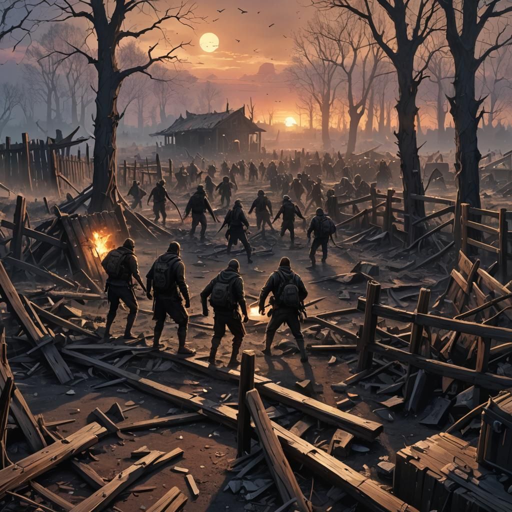 Post-Apocalyptic Survivor Battles Undead Horde at Dusk