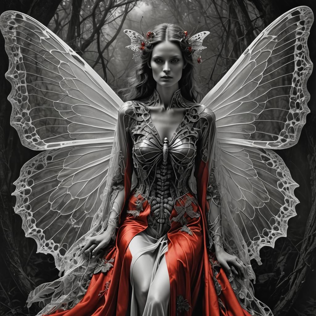Skeleton Butterfly Woman in Red Silk Robe