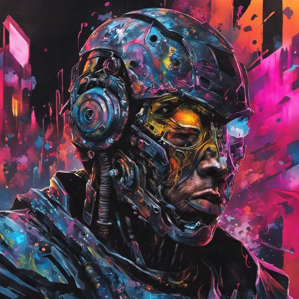 Cyborg Warrior in Neon City, Graffiti Art Style