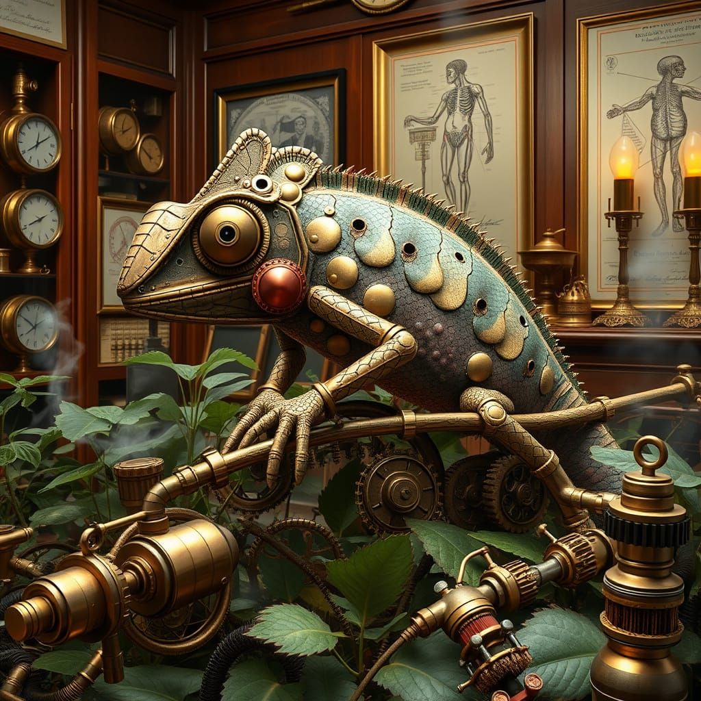 Steampunk Chameleon Marvel in Victorian Study