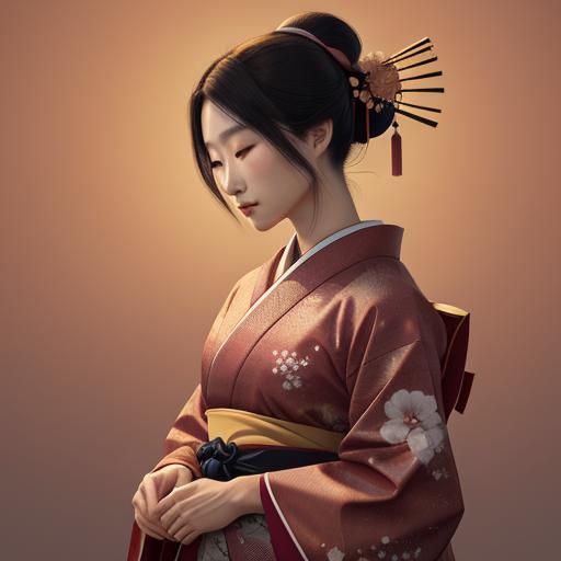 Geisha Silhouette in Hyperrealistic Japanese Art Sunset