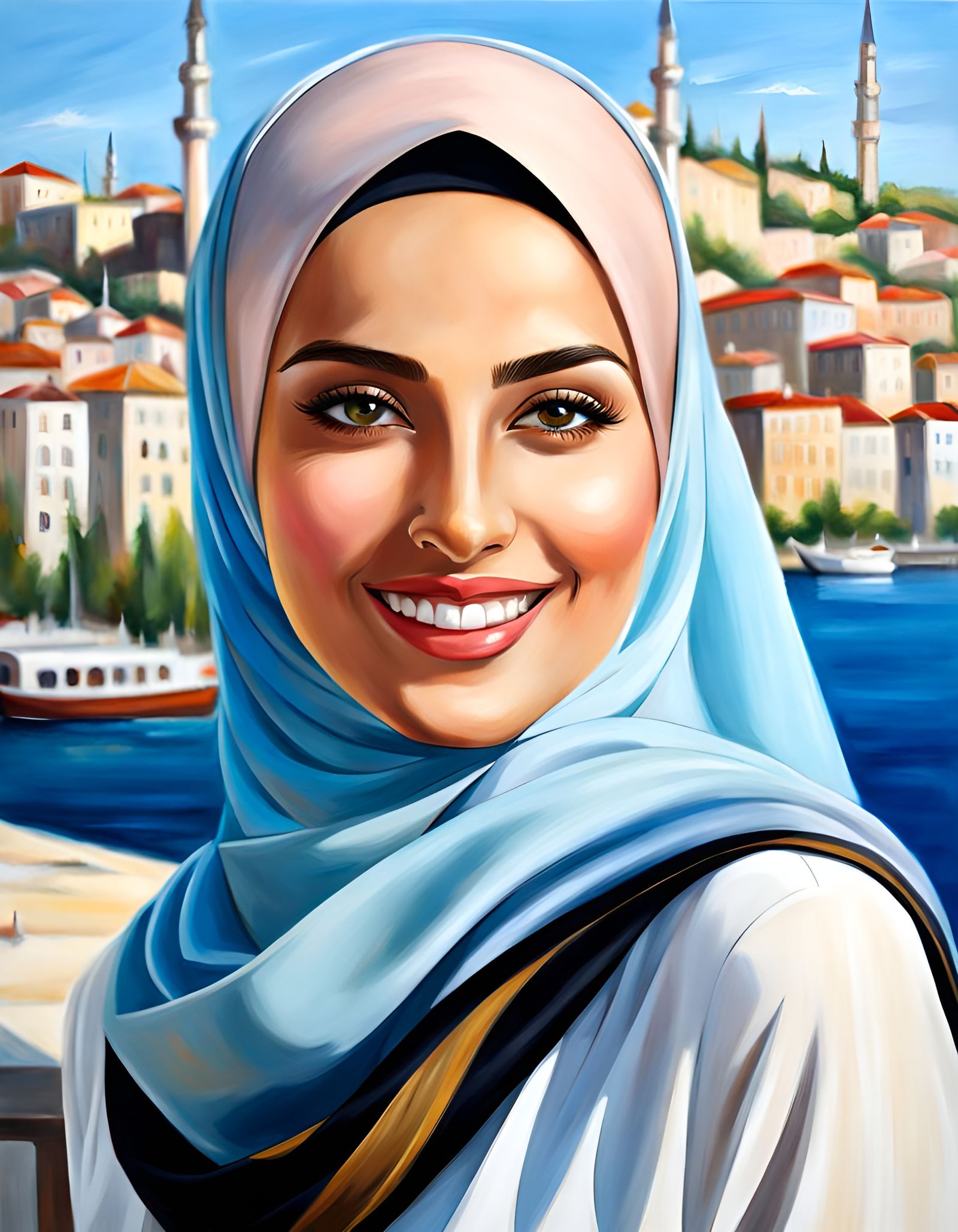 Elegant Smiling Hijabi Woman in Coastal City Oil Painting