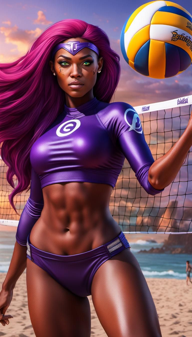 Starfire playing beach volleyball
