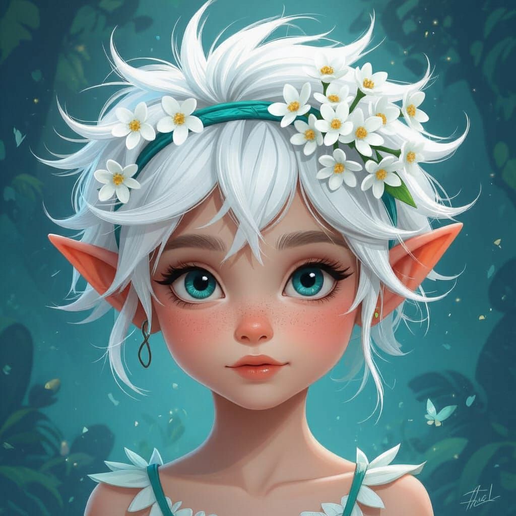 Adorable Pixie with Teal Flower Headband, Hand-Drawn Fantasy...