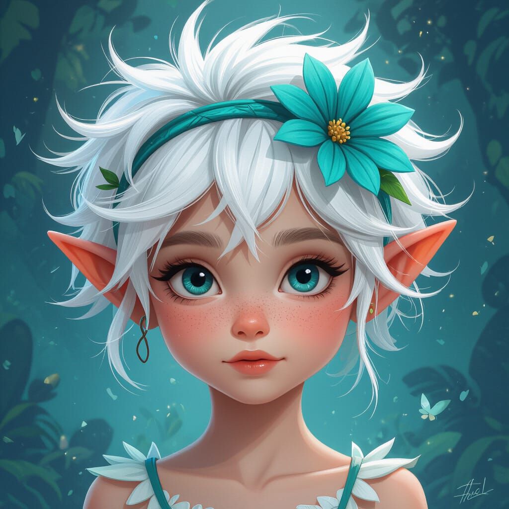Adorable Pixie with White Hair and Teal Flower Crown