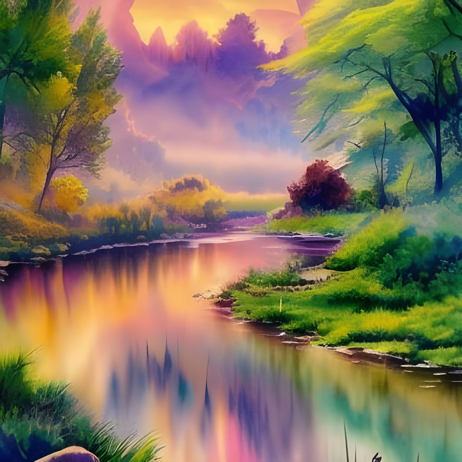 Watercolor River Landscape in Matte Painting Style