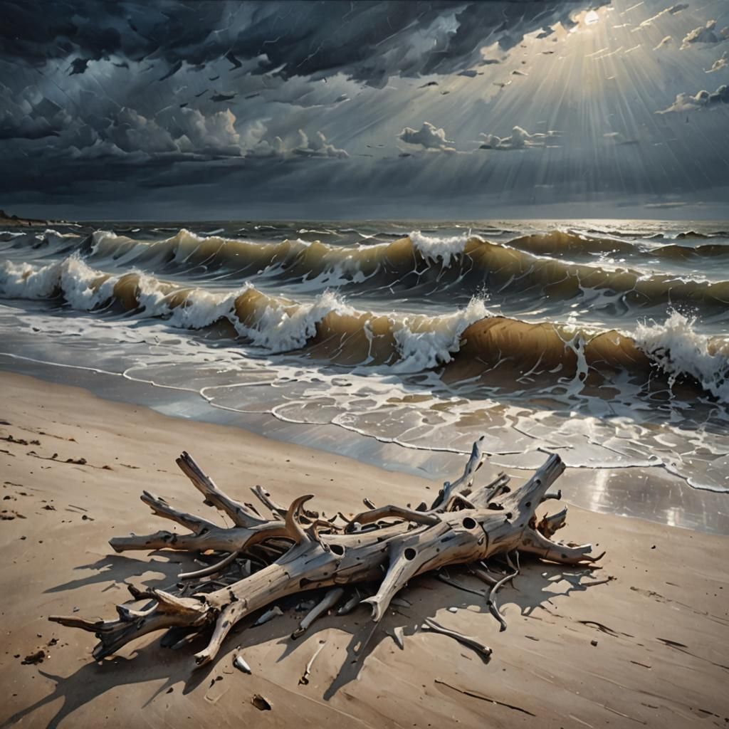 Stormy Seascape: Moody Oil Painting of Driftwood