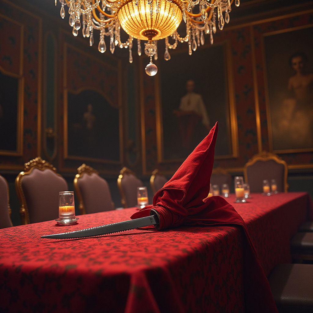 Menacing Napkin Attack in Opulent Palace, Dark Surrealism