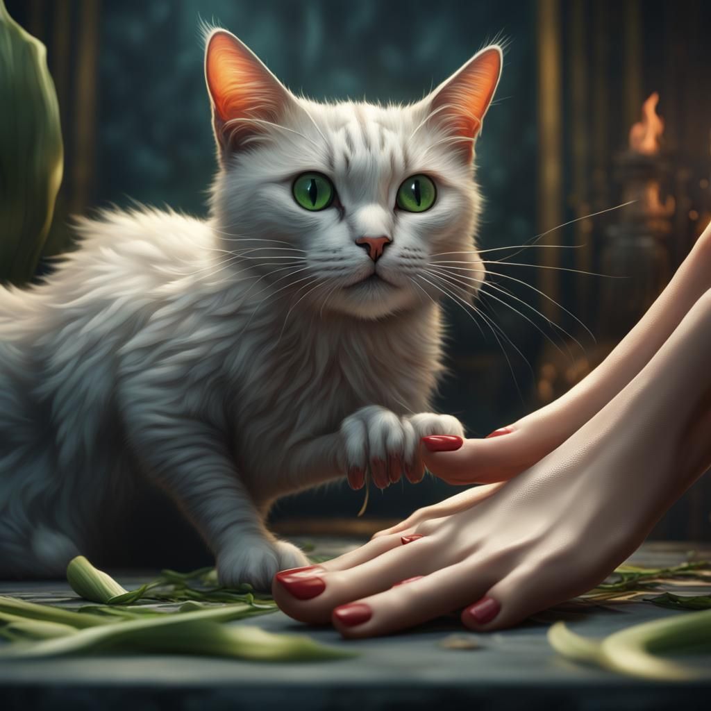Fantastical Cat and Leek on Woman's Foot