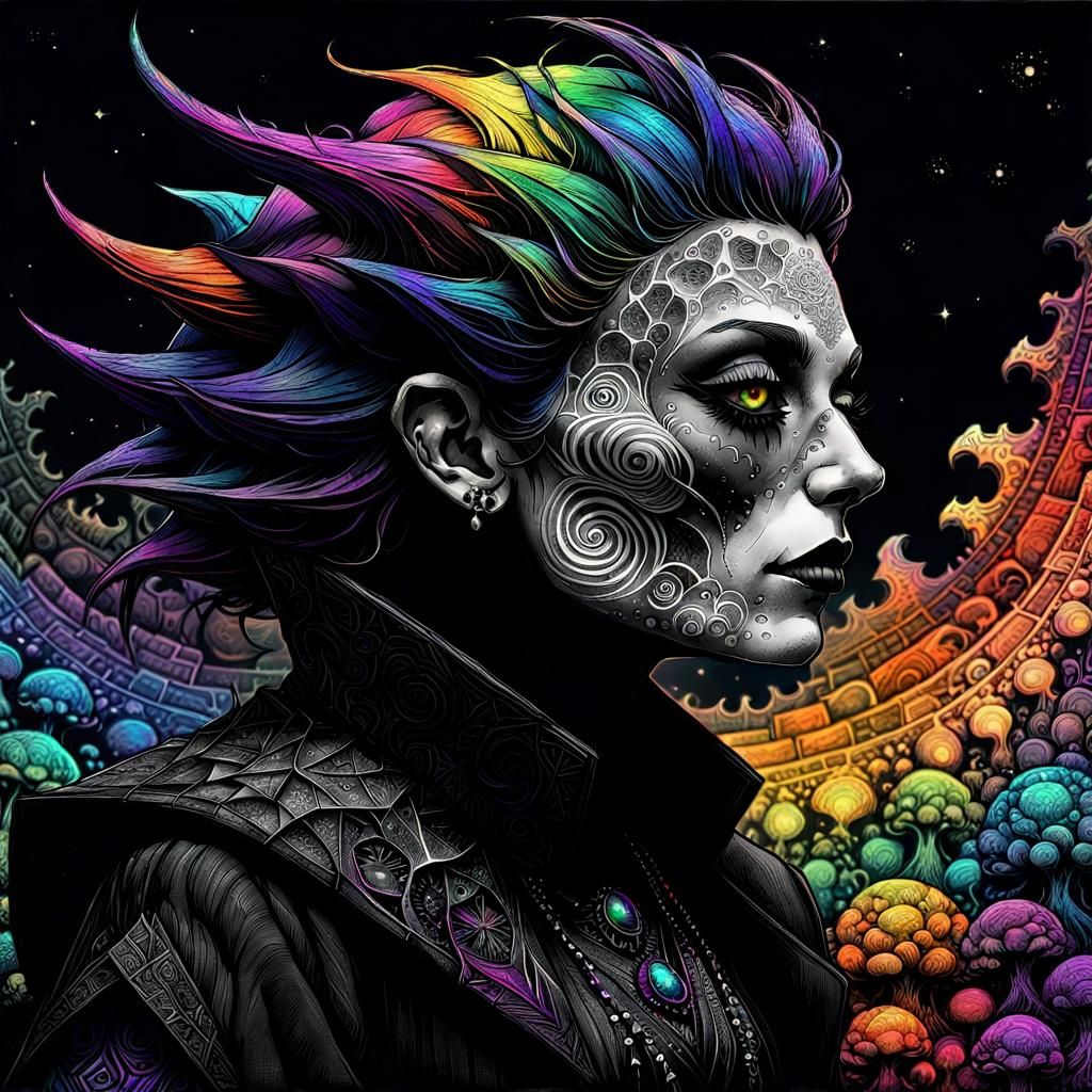 Dystopian Goth Sorceress in Scratch Art Style