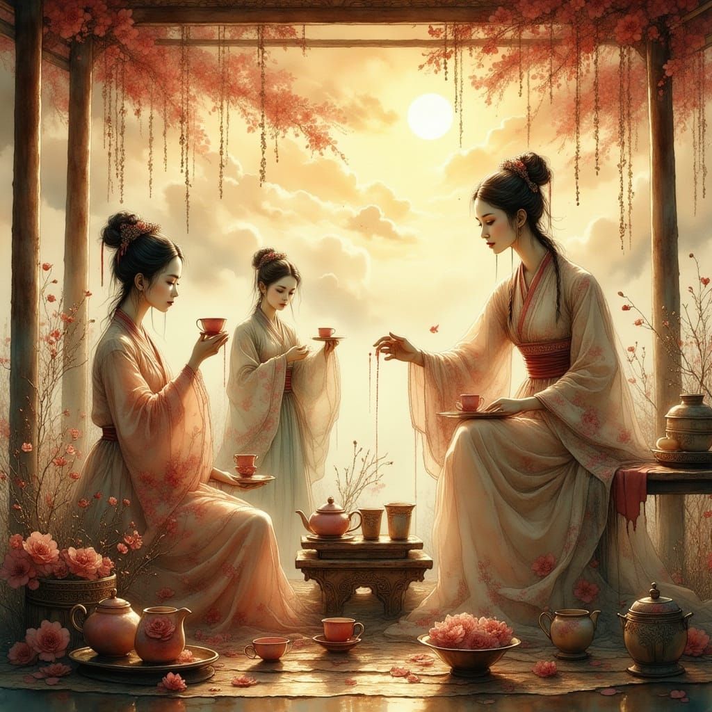Surreal Tea Ceremony with Ancient Chinese Women