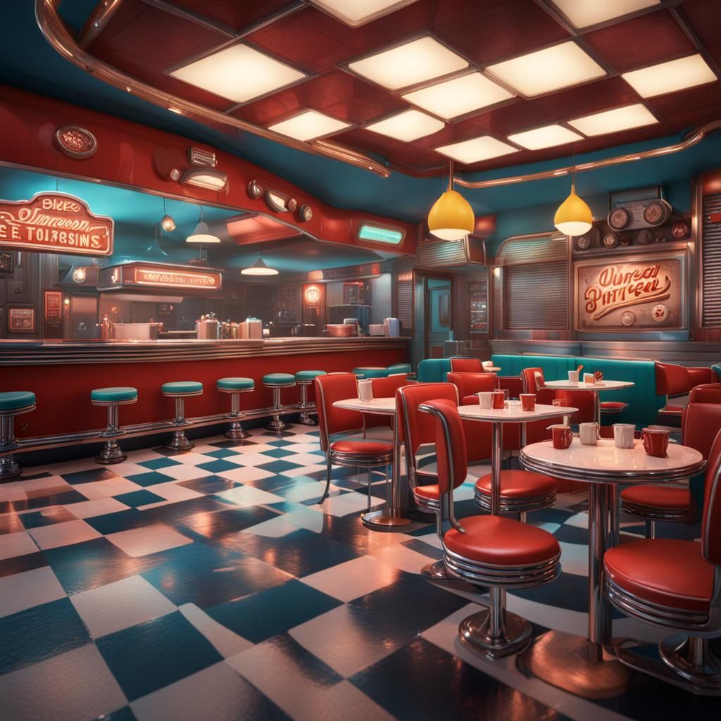 1950s Diner in Detailed Matte Painting Style