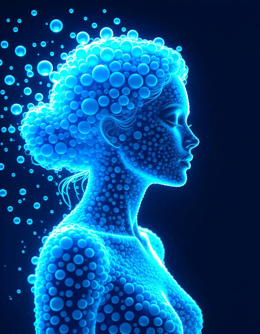 Woman Silhouette Composed of Flowing Light-Blue Bubbles