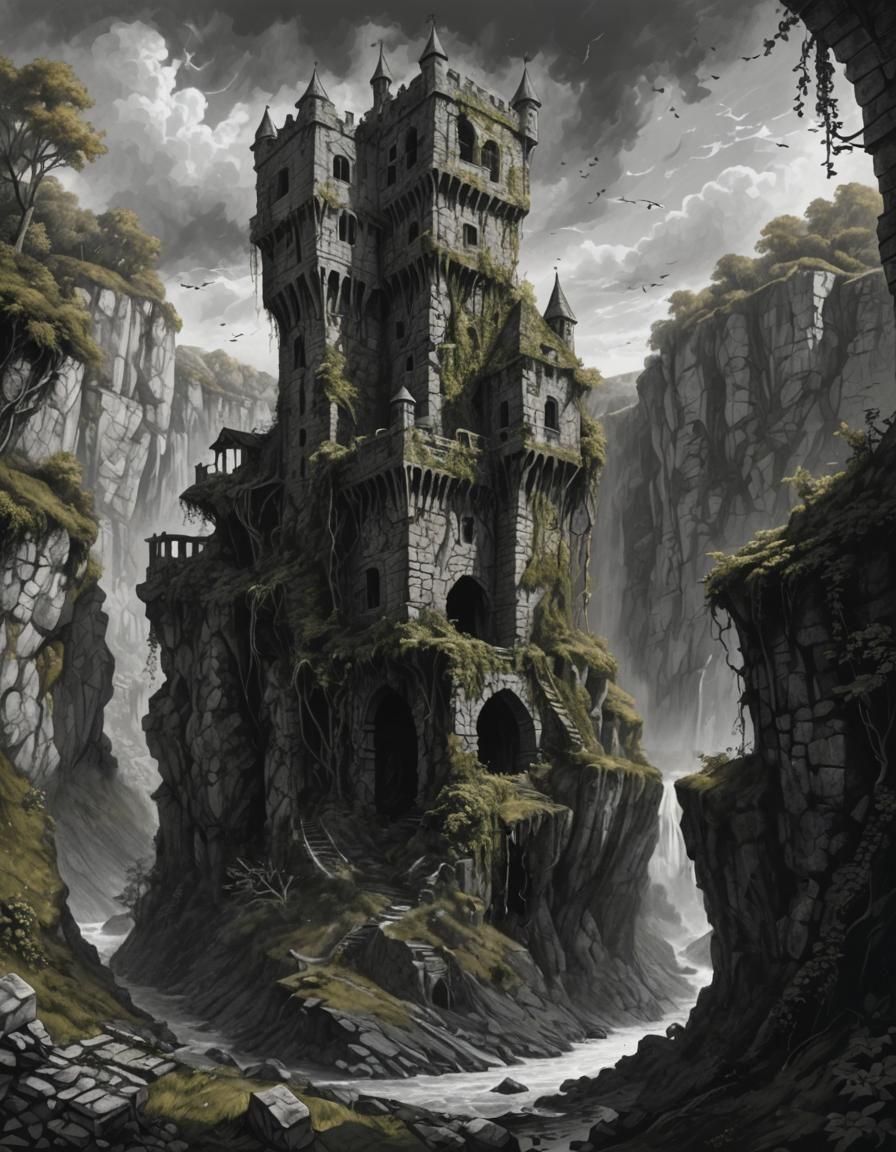 Crumbling Dark Fantasy Tower Pencil Drawing