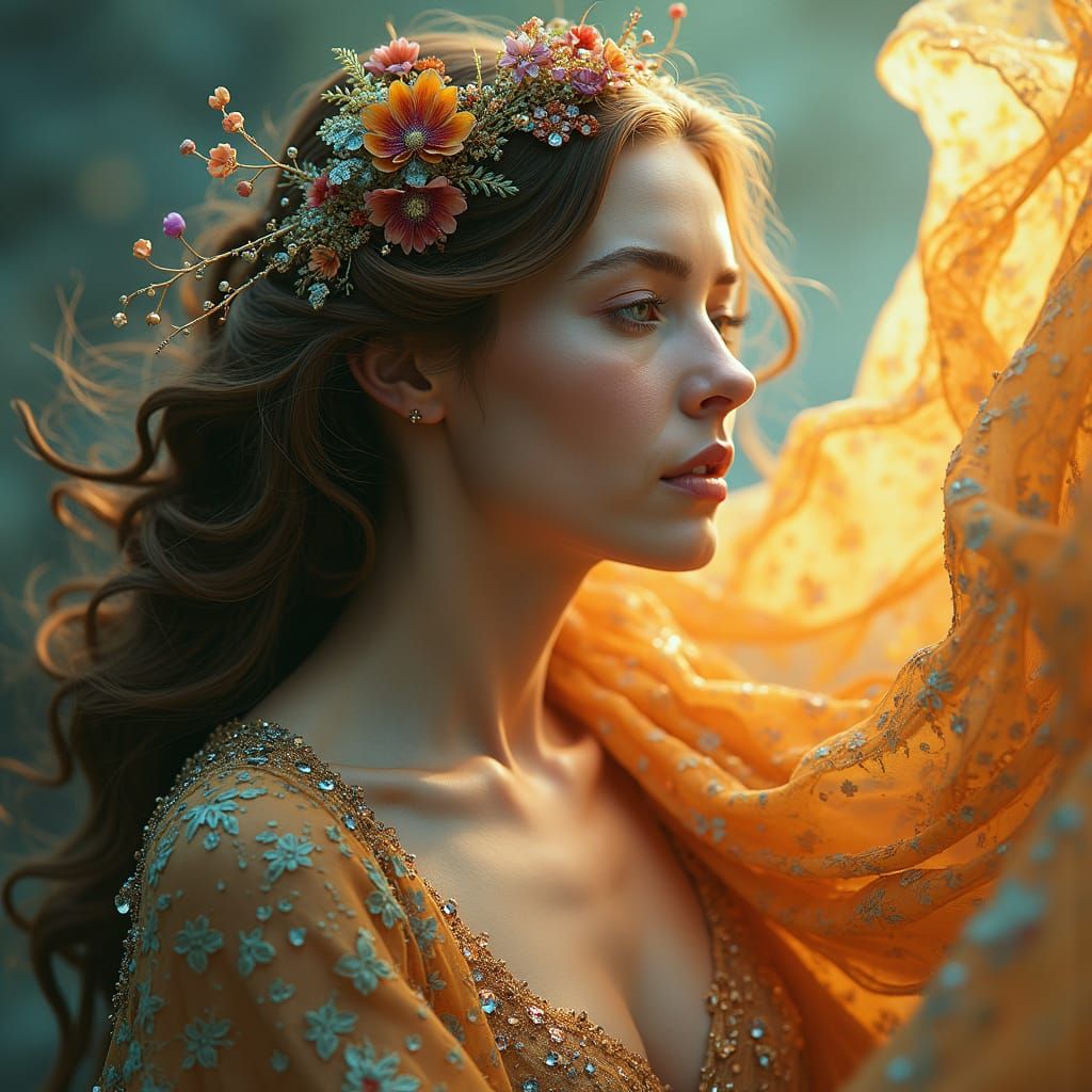 Ethereal Woman in Earth and Cosmos Attire