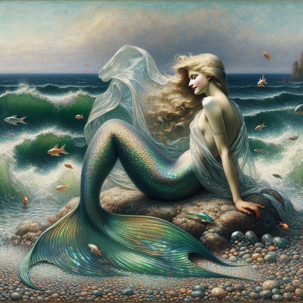 Ethereal Mermaid on Pebble Beach in Romantic Style