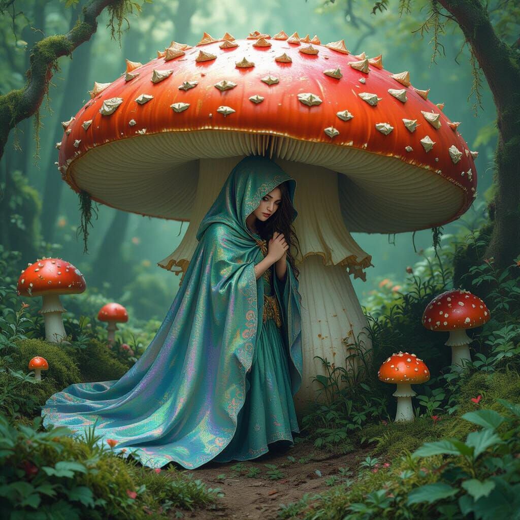Whimsical Fairy Hiding Under a Champignon in Matte Painting