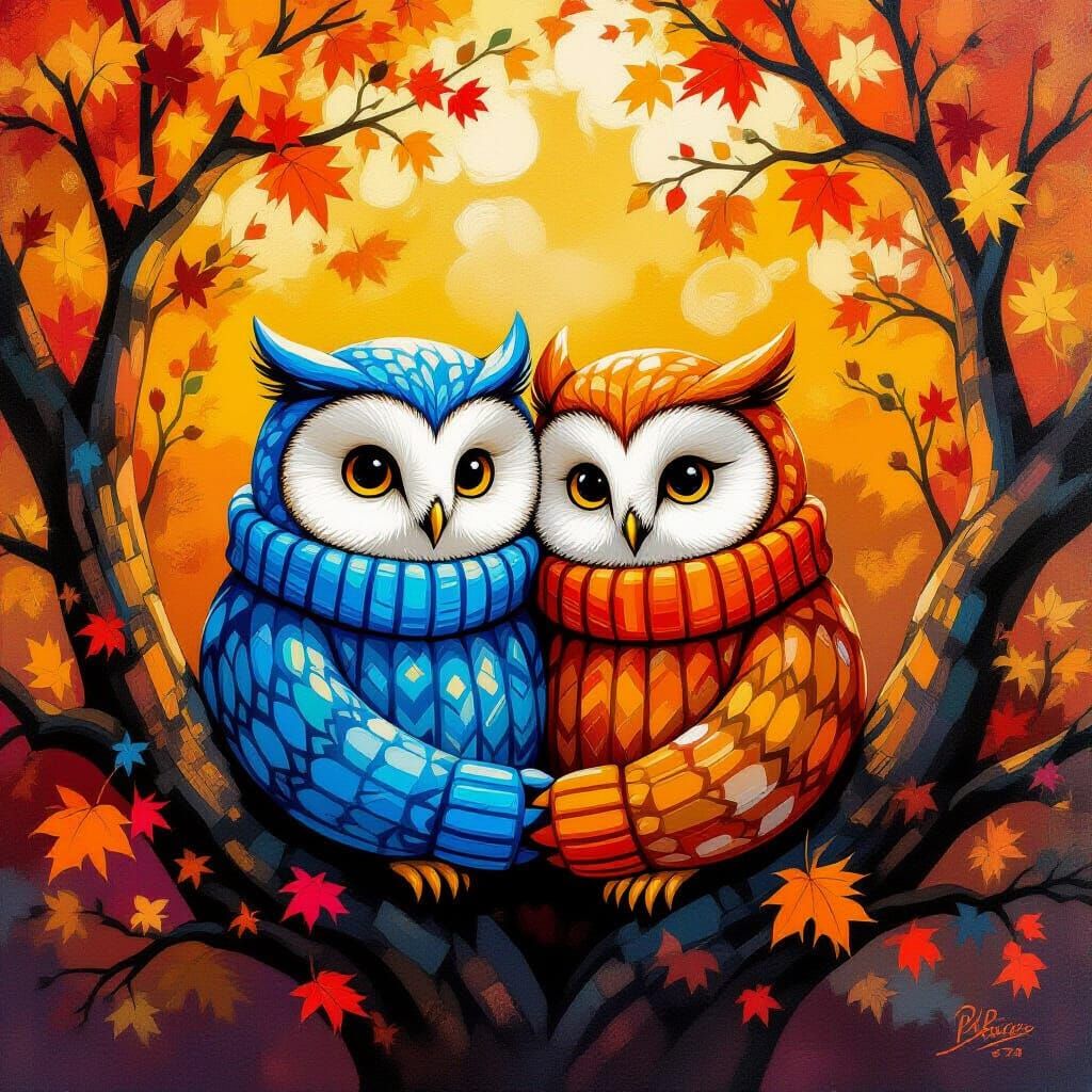 Owls Snuggled in Autumn Tree, Expressional Abstract Art