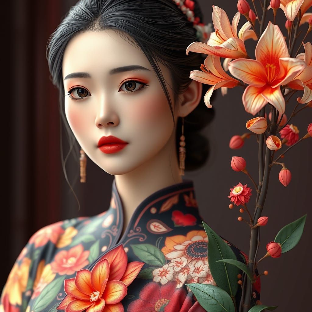 Elegant Asian Woman in Flower-Patterned Dress Next to Tiglon...