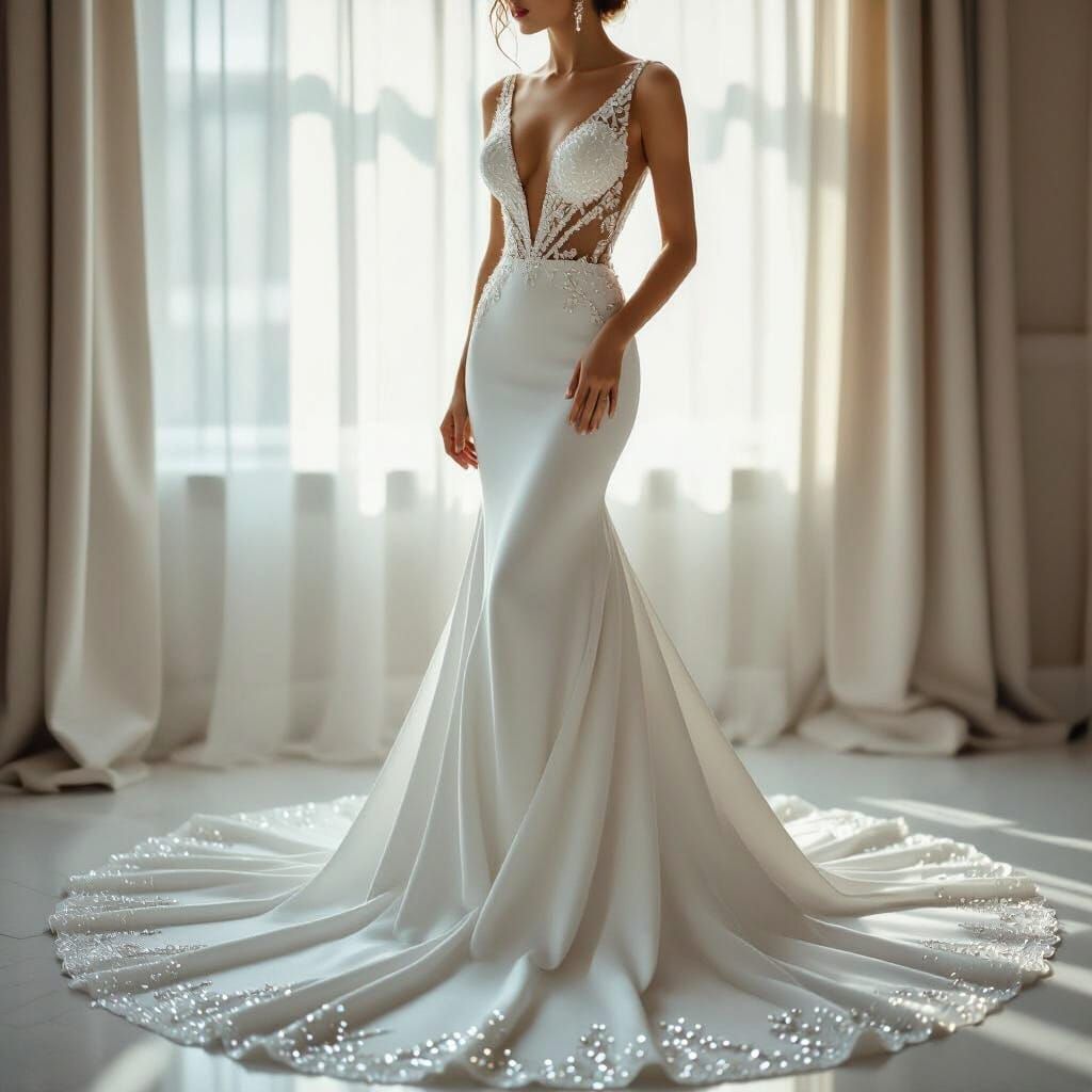 Elegant White Wedding Dress with Pearls and Train