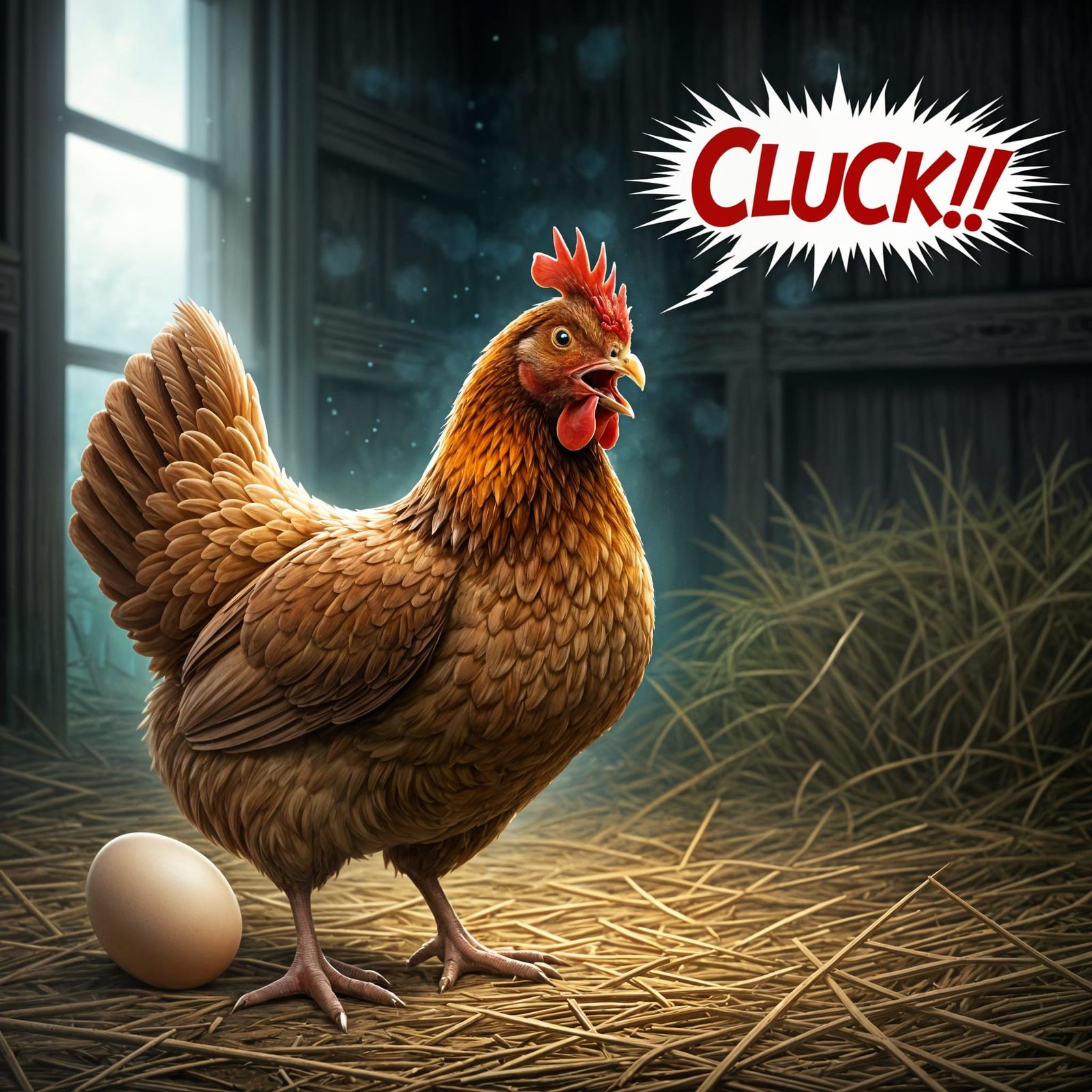 Surprised Chicken Laying Egg in Barn