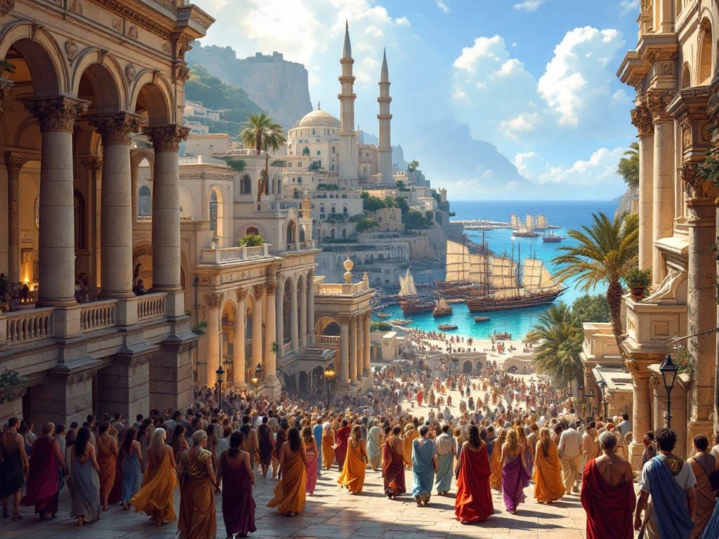 Exotic Ancient City Streetscape with Grand Architecture